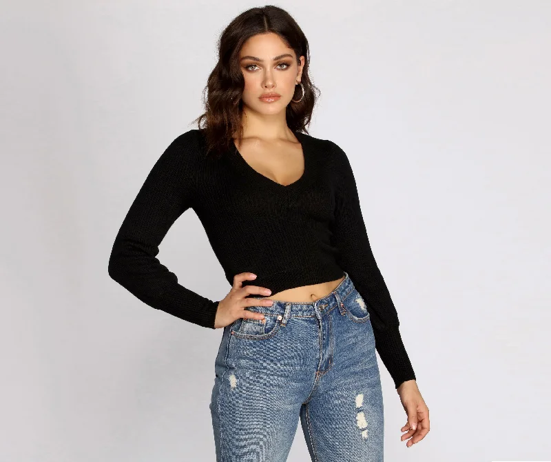 Great Bargain Balloon Sleeve Ribbed Crop Top