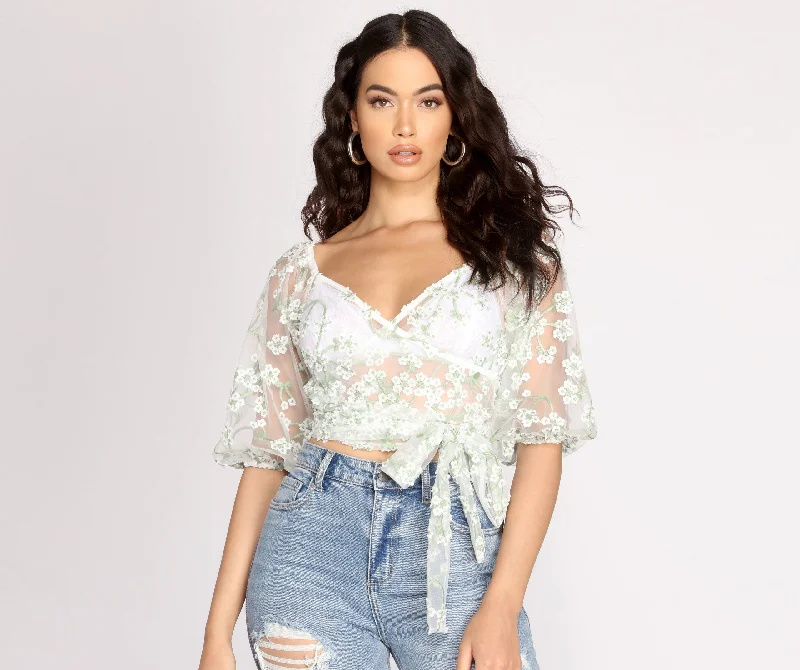 Time-Limited Offer Effortlessly Embroidered Floral Crop Top