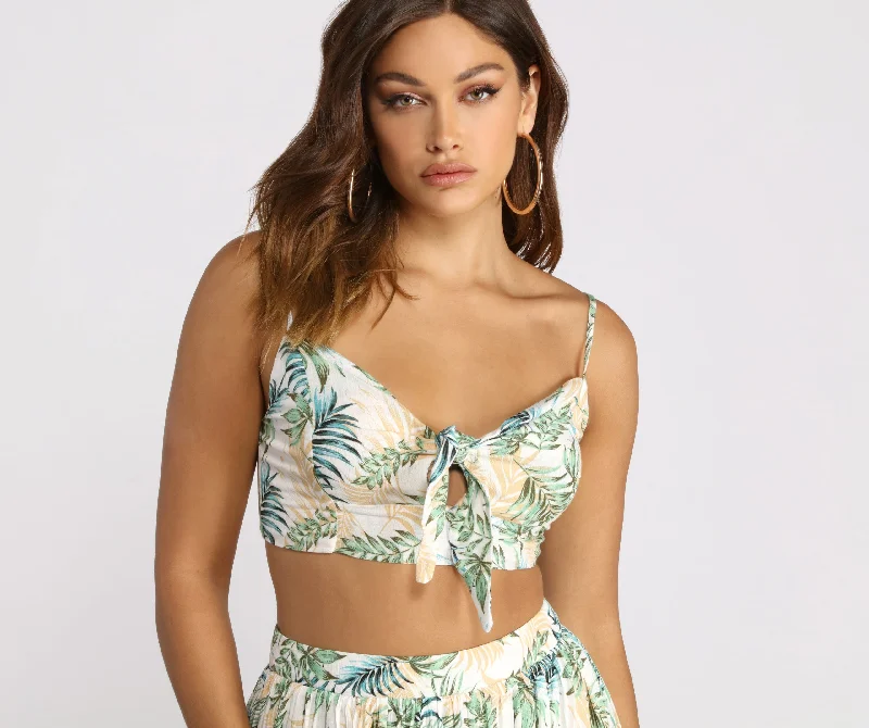 Weekend Savings Delight Tropical Babe Tie Front Gauze Crop Top