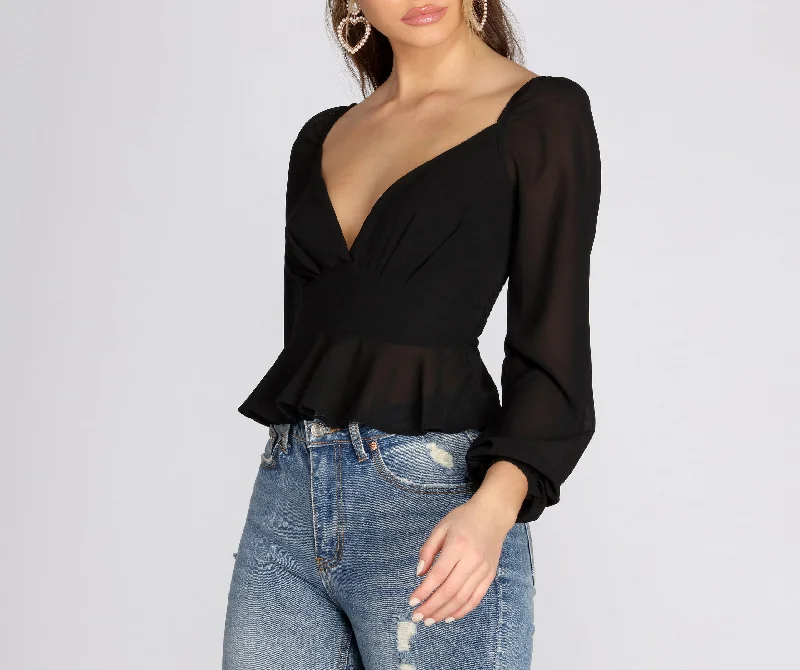 Quick Deals Wrap Front Peplum Chiffon Blouse