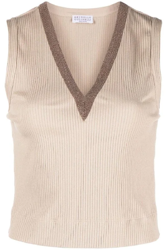 Low Cost Sleeveless Monili Trim V-Neck Top