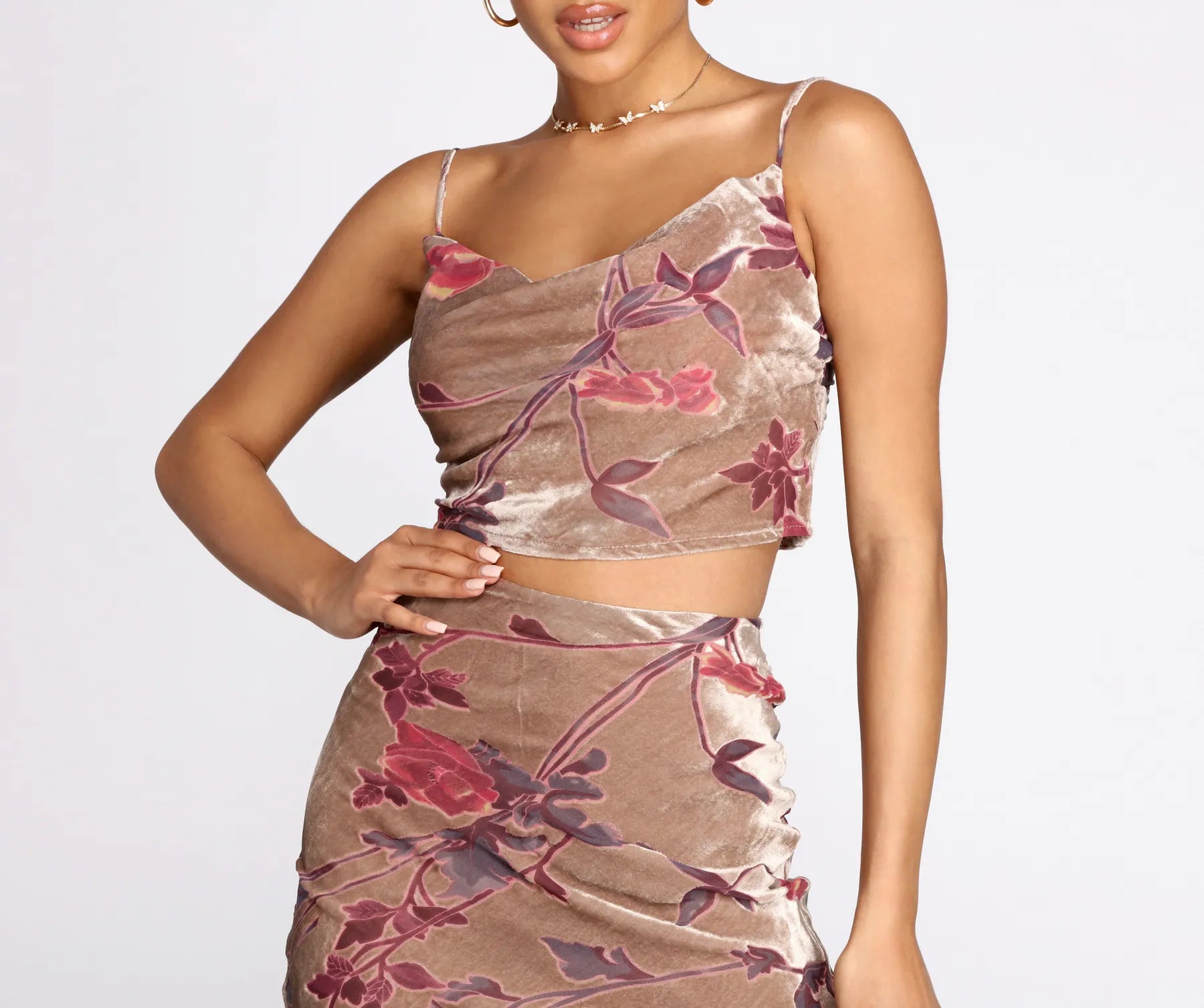 Weekend Specials to Delight Velvet Floral Burnout Crop Top