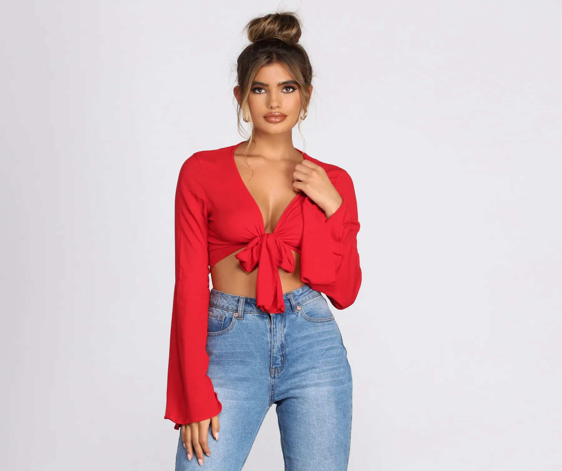 Quick Sale Woven Bell Sleeve Tie Front Top