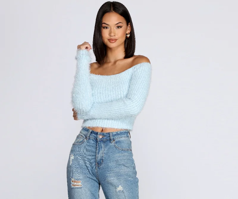 Final Offer Off The Shoulder Eyelash Knit Top