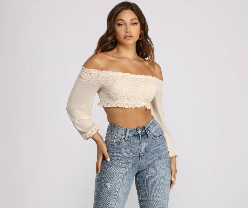 Weekend Savings Bonanza Frilled and Flirty Off The Shoulder Smocked Crop Top