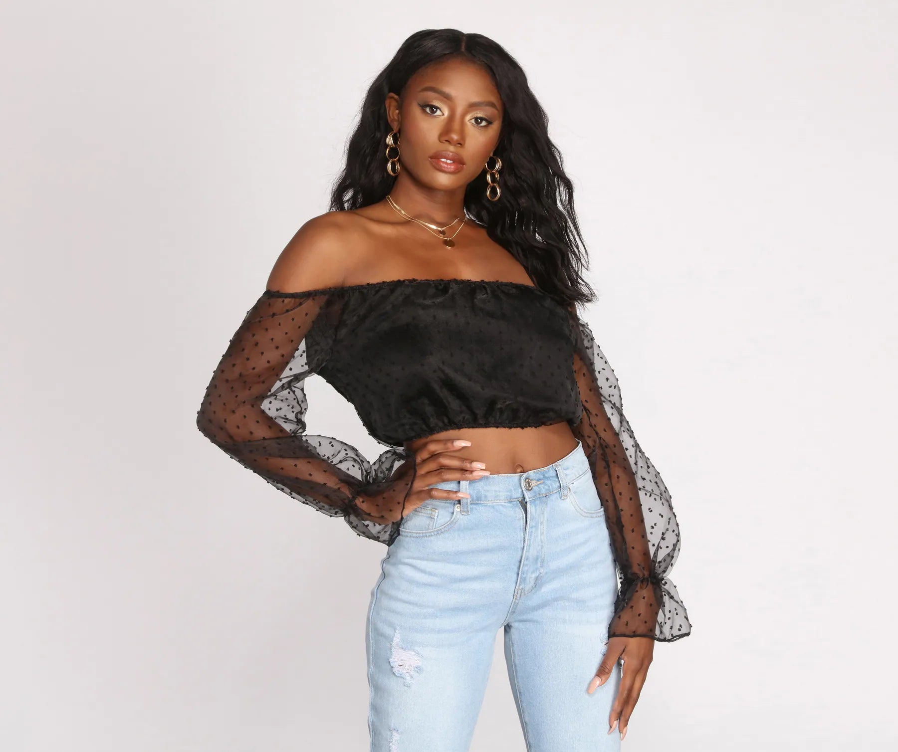 Markdown Sale Sheer For This Organza Sleeve Off Shoulder Crop Top
