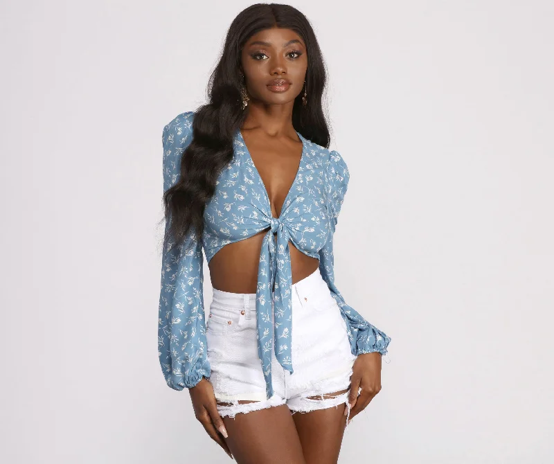Pay Less Cropped Tie Front Woven Floral Top