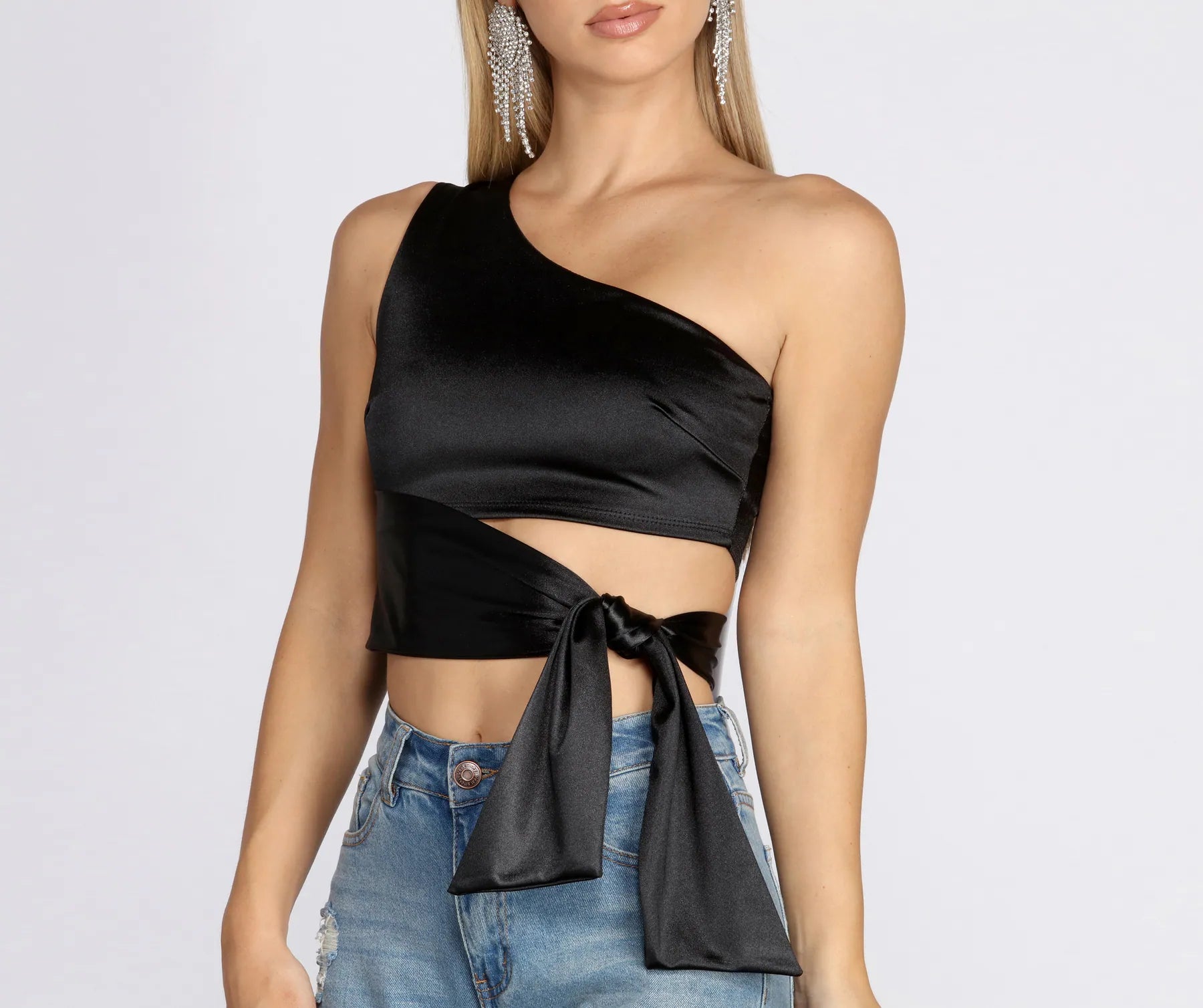 Low Cost One Shoulder Satin Crop Top