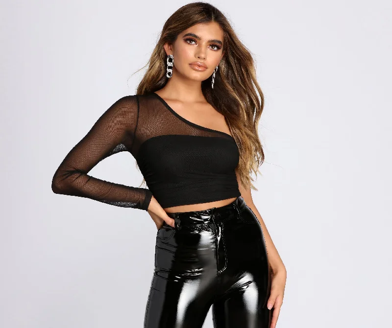 Hot Buy One Shoulder Mesh Crop Top