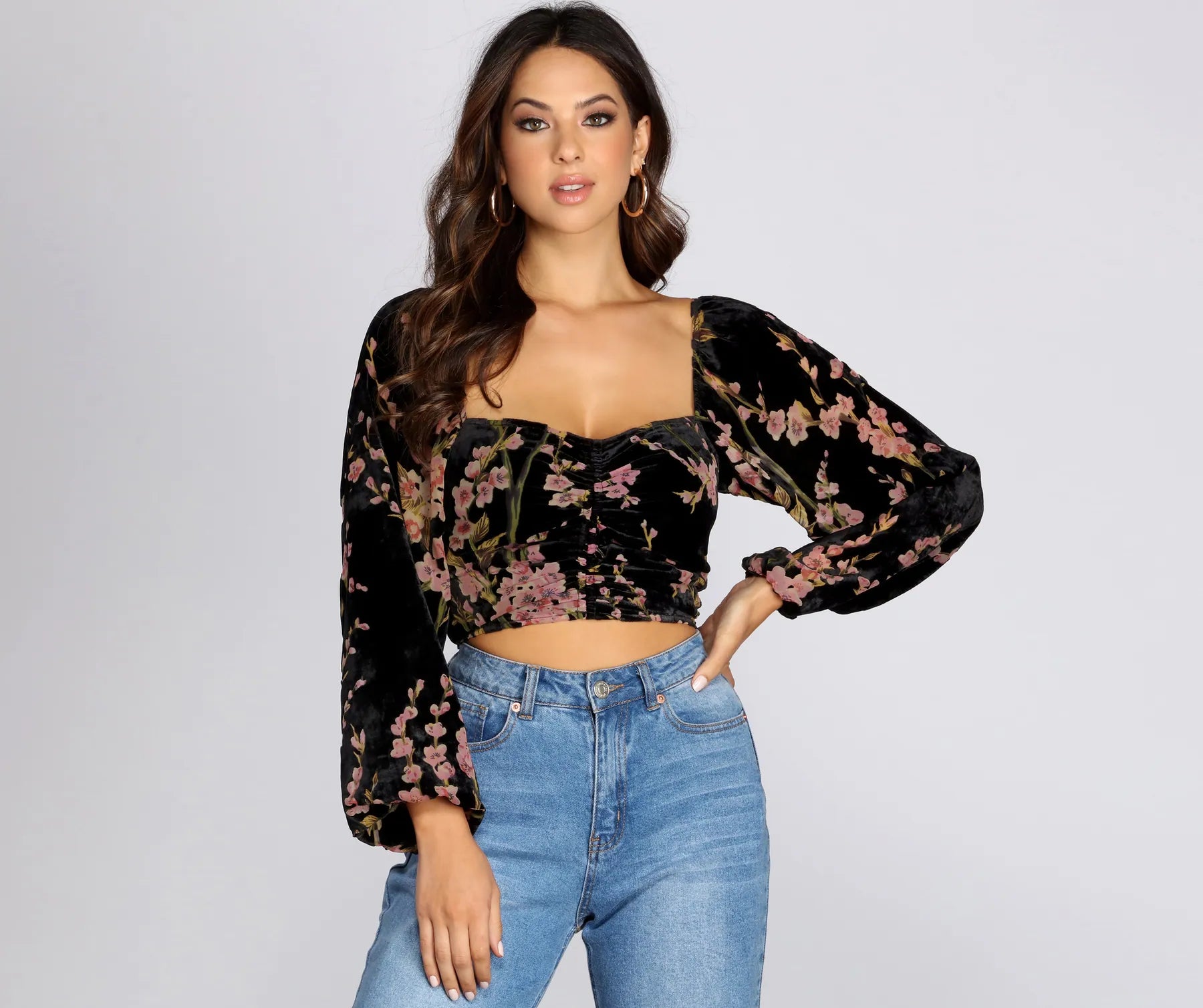 Clearance Sale Floral Burnout Long Sleeve Blouse