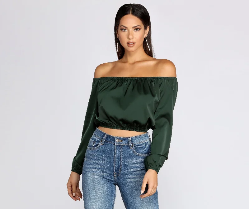 Weekend Specials to Enjoy She's A Romantic Satin Off-Shoulder Blouse