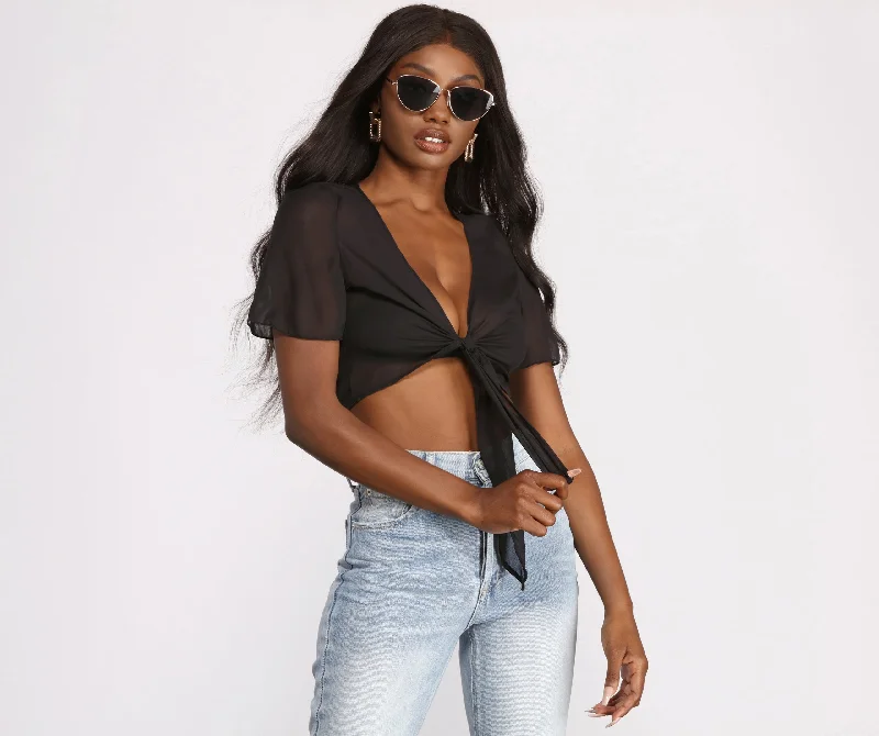 Online Deal Chiffon Cap Sleeve Tie Front Crop Top