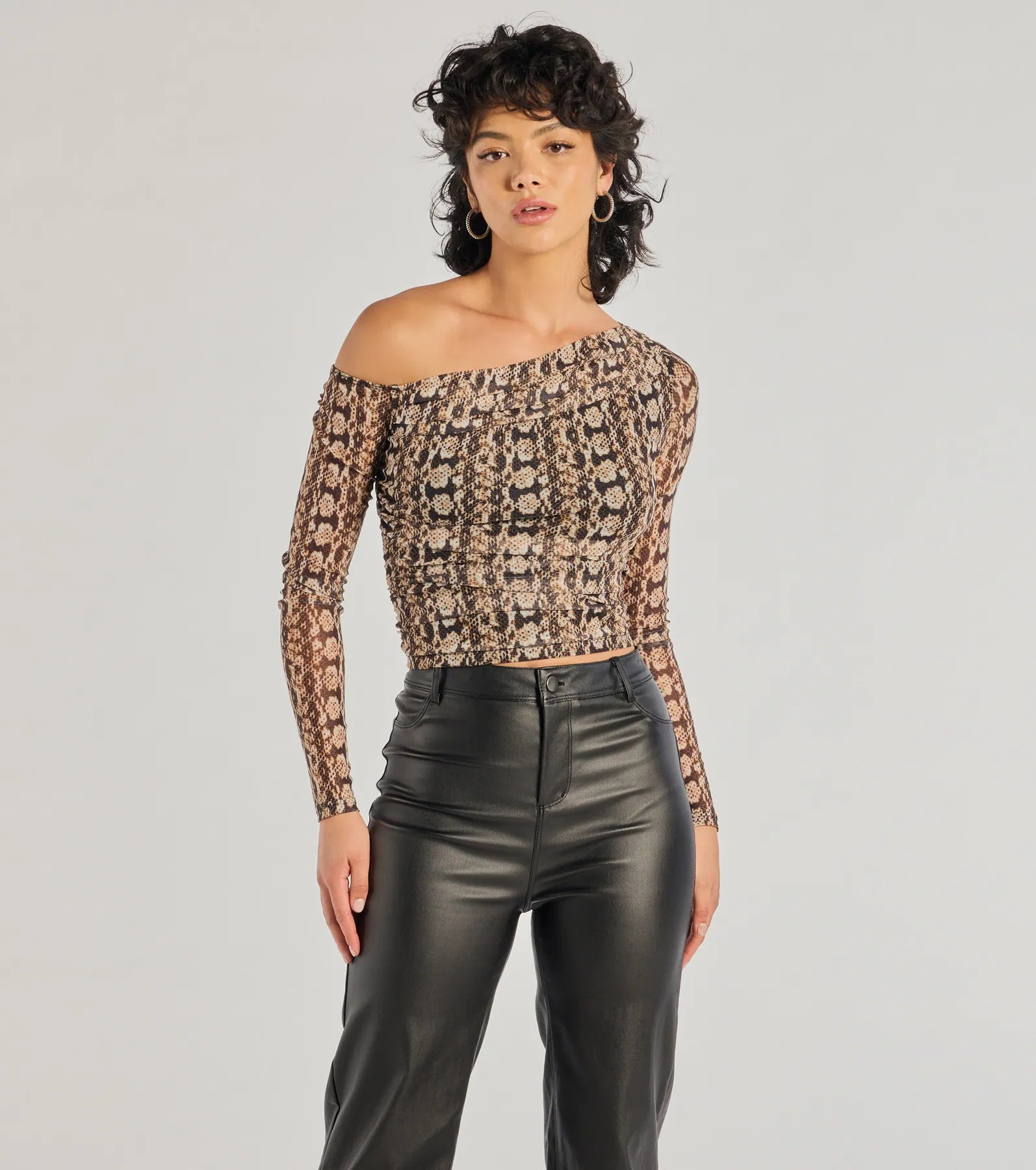 Weekend Savings Bonanza Bold Edge Snake Print Mesh Long Sleeve Top