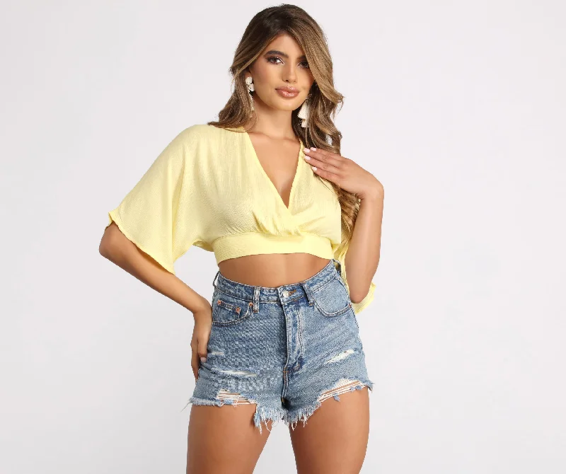Midnight Sale Plunging Surplice Tie Back Gauze Crop Top