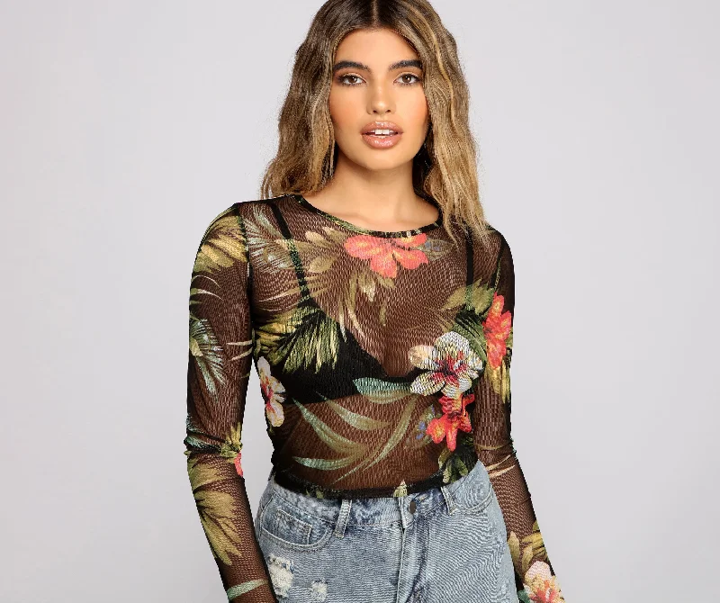 Weekend Bargains to Indulge In Tropical Long Sleeve Mesh Crop Top