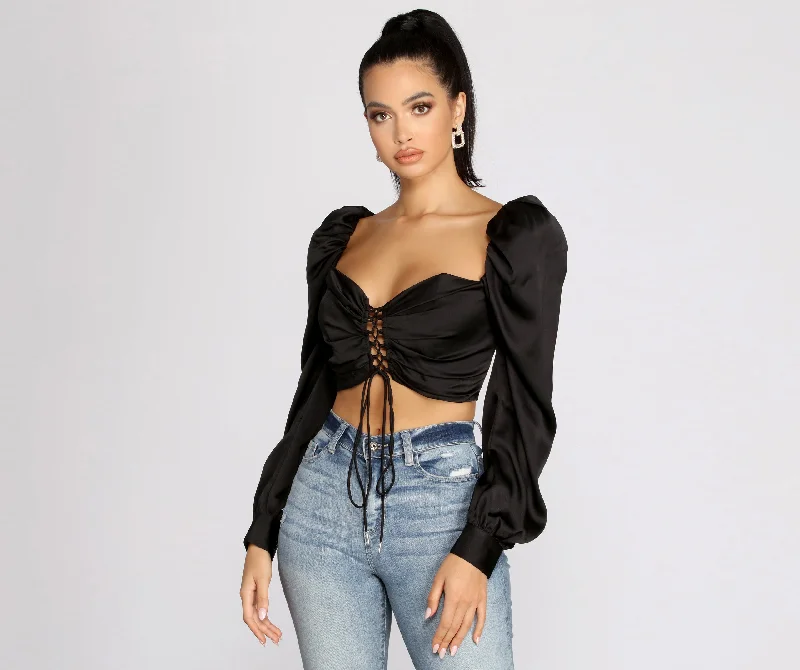 Early Access Lace Up Peasant Cropped Blouse