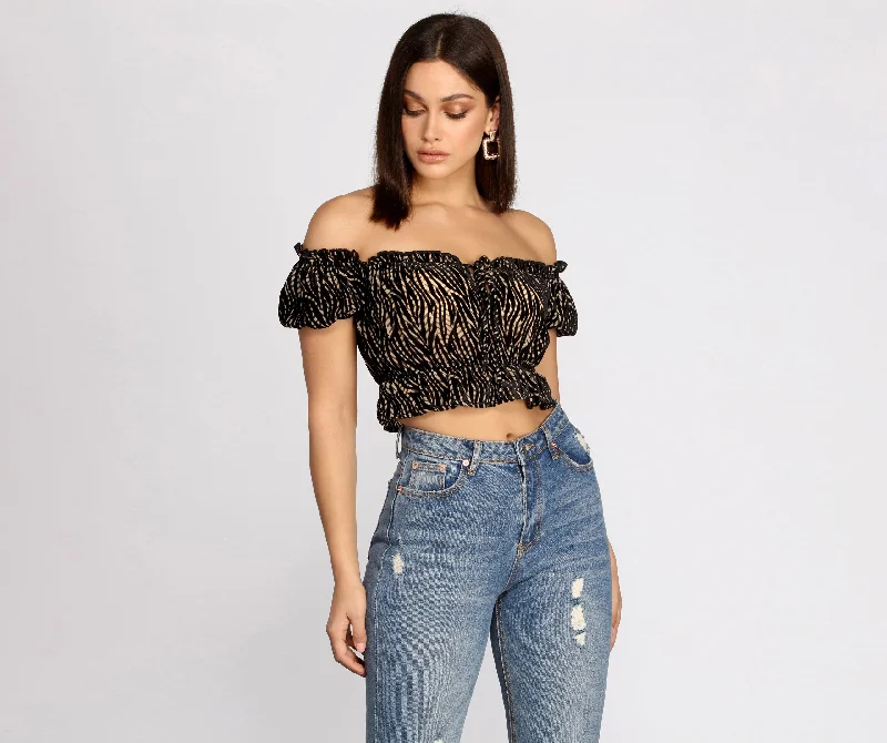 Weekend Specials to Cherish Zebra Off-Shoulder Puff Sleeve Crop Top