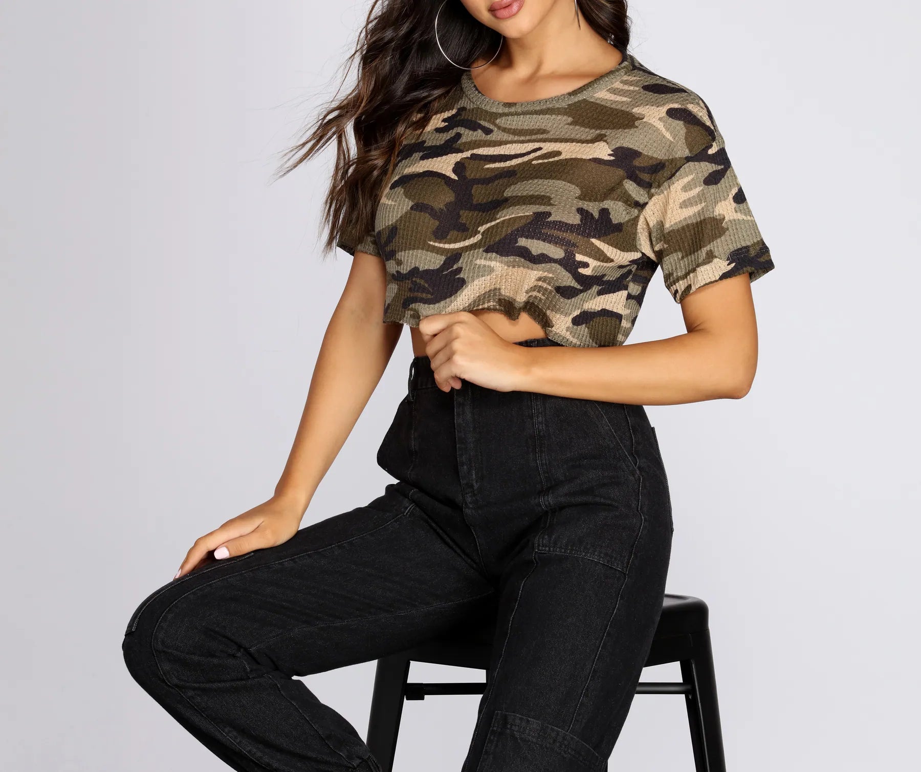 Weekend Bargains Await You Casual Camo Waffle Knit Tee
