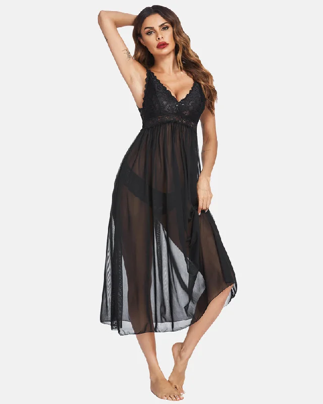 Weekend Deals That Spark Lace Mesh Chemise V Neck Sleepwear