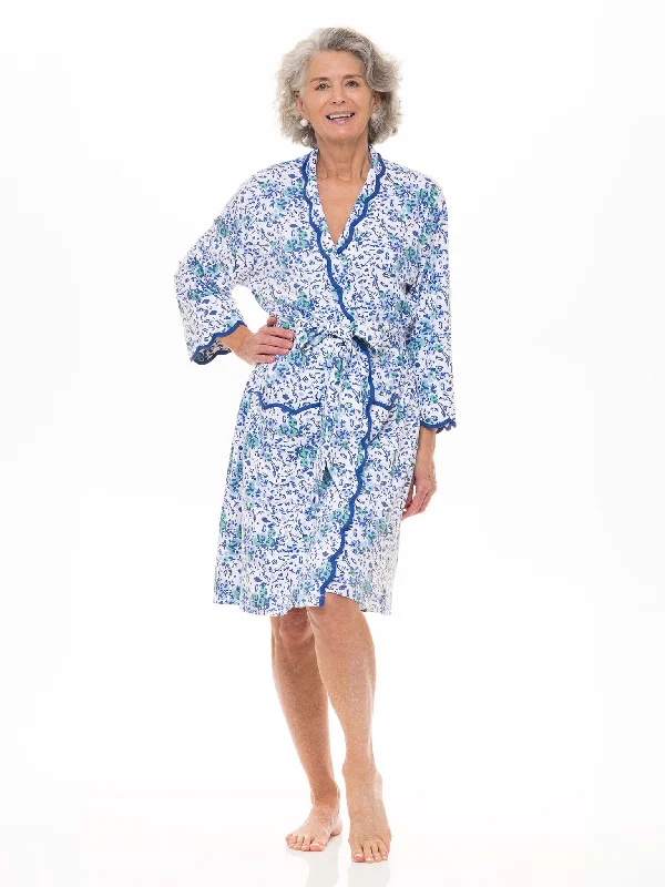 Weekend Offers That Shine Blue Floral Pima Knit Short Classic Robe