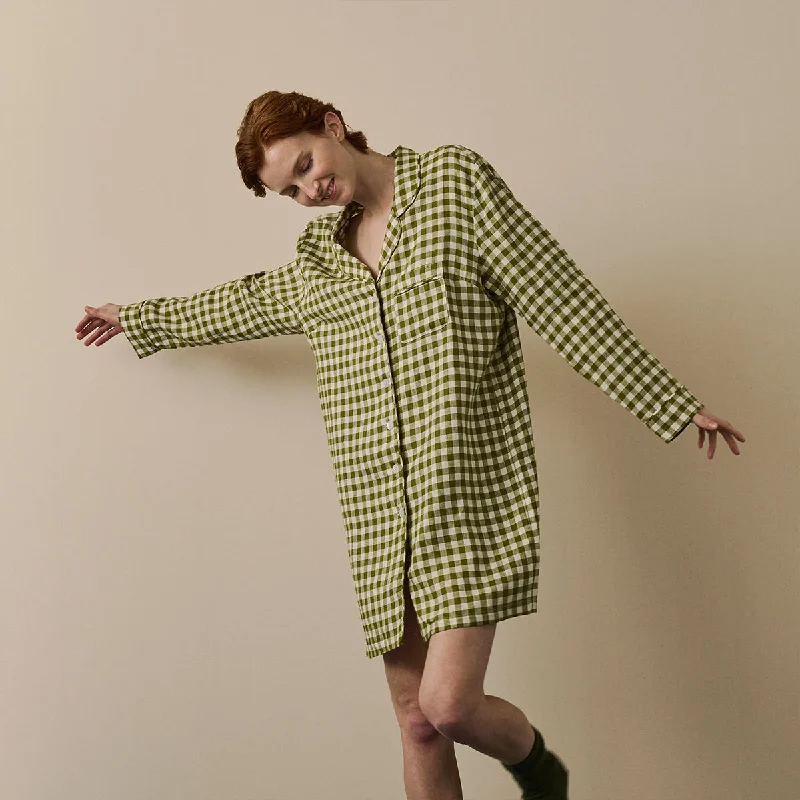 Weekend Discounts to Delight Botanical Green Gingham Linen Night Shirt