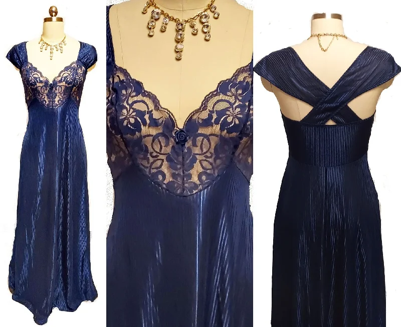 Lowest Rates *VINTAGE SHIMMERING NAVY LACE NIGHTGOWN WITH CRISS CROSS BACK