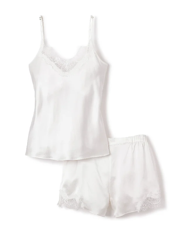 One-Day Only Women's Silk Lace Cami Short Set in White