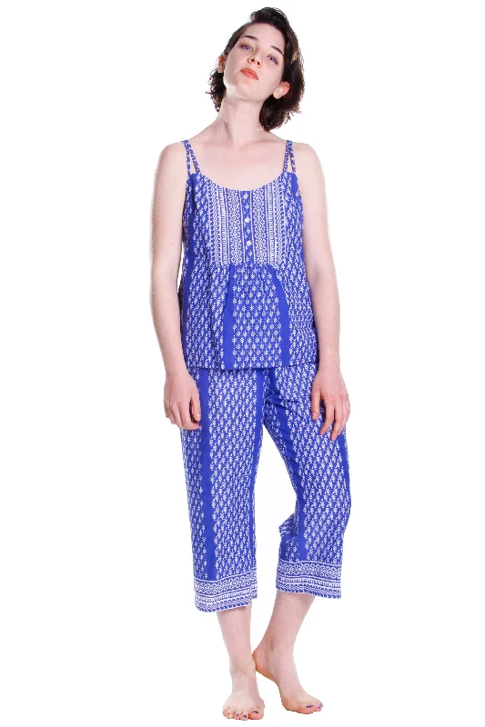 Overstock Sale Blue Batik Print Cotton Capri Pajamas