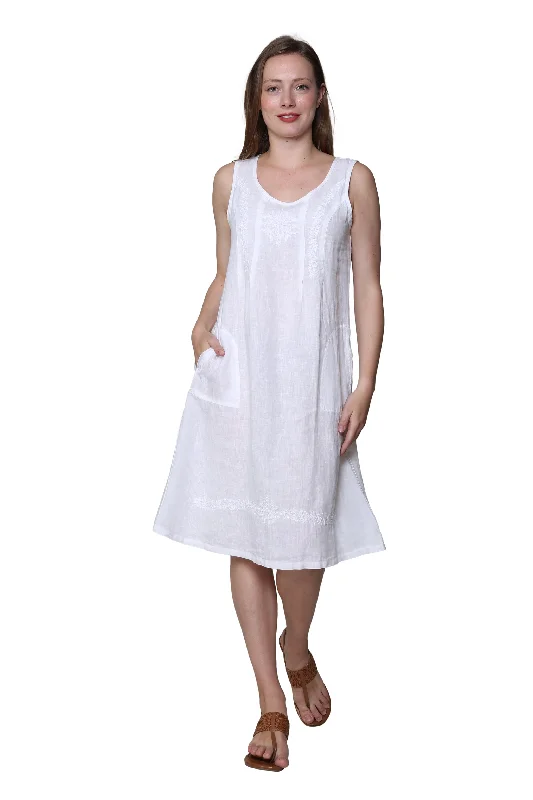 Weekend Discounts to Grab Linen Sleeveless Embroidered Dress