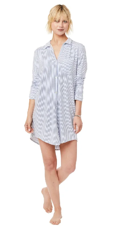 Quick Sale Long-Sleeve Cotton Knit Night Shirt - Blue Simple Stripe
