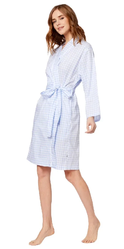 Weekend Bargains to Enjoy Long-Sleeve Pima Cotton Robe - Powder Blue Gingham