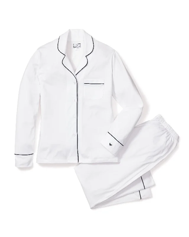 Now or Never Women's Pima Pajama Set in White with Navy Piping