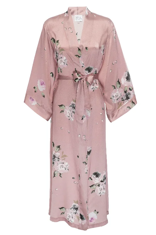 Weekend Bargains to Cherish Silk Charmeuse Long Silk Robe: Champagne Floral Print Silk Robe
