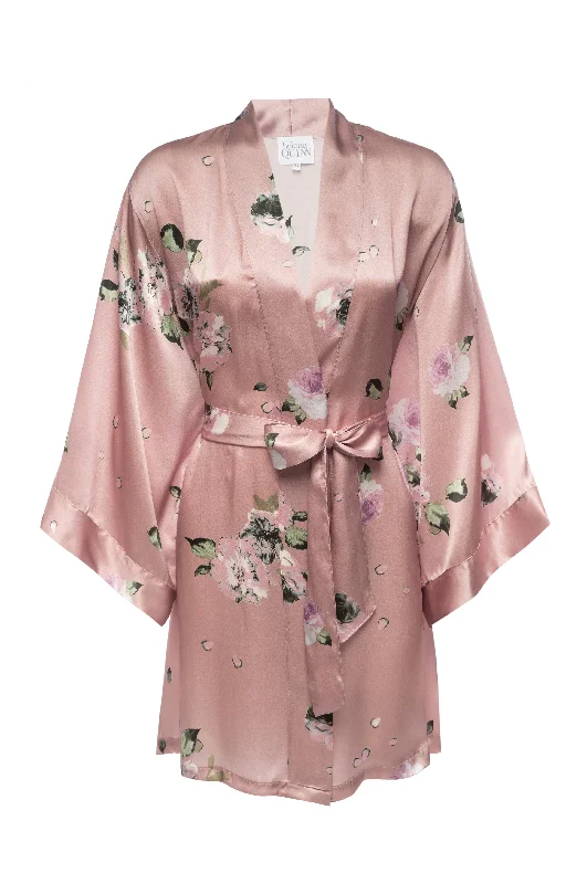 Weekend Discounts to Celebrate Silk Charmeuse Short Silk Robe: Champagne Floral Print Robe