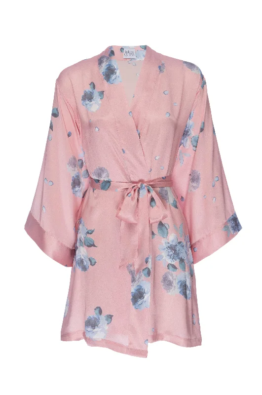 Weekend Discounts to Savor Silk Charmeuse Short Robe: Rose Gold Floral Print