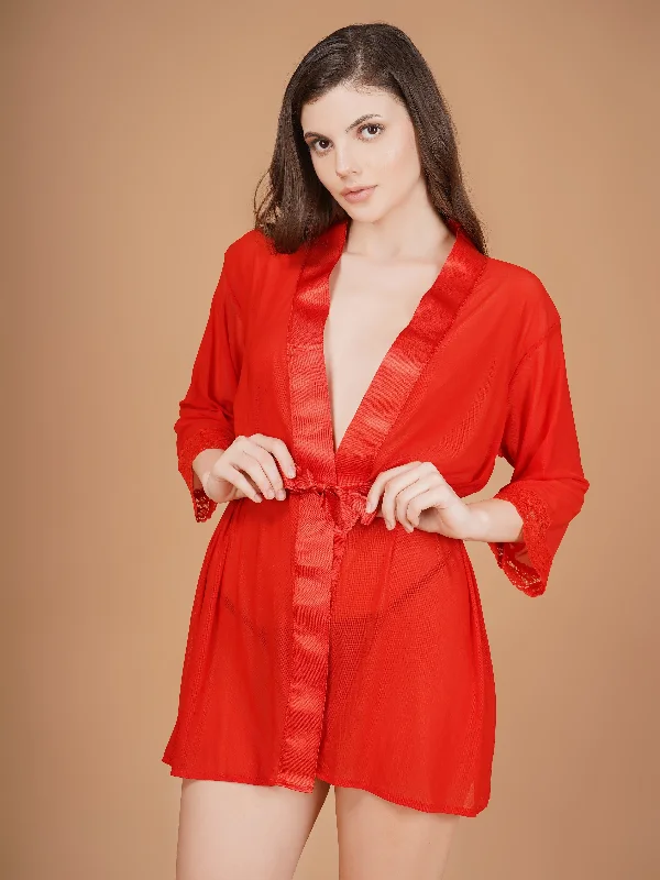 Online Deal Overall Net With Satin Lace Robe-Red