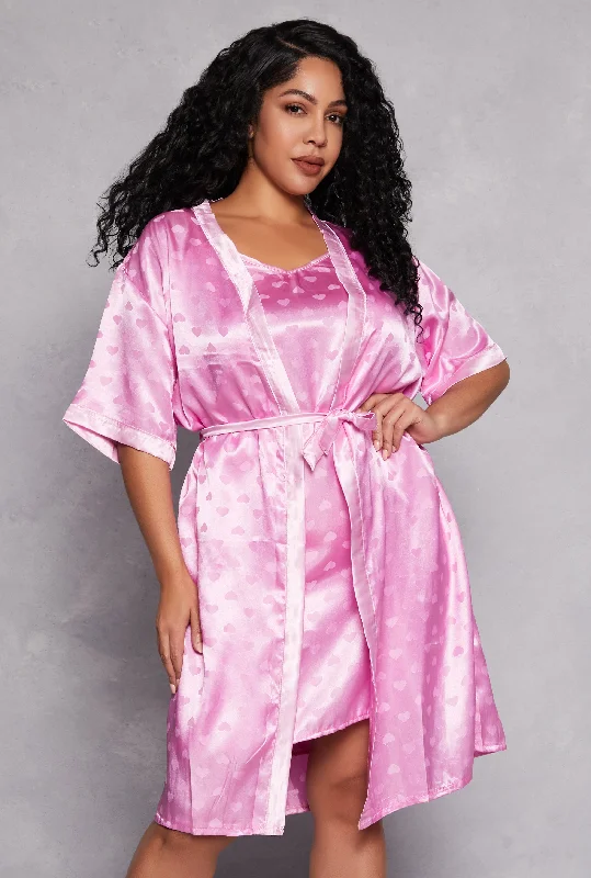 Value Deals Plus Size Satin Heart Print Cami Nightgown with Robe