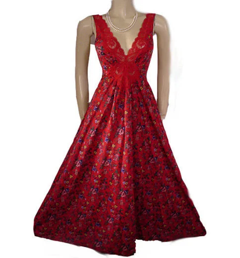 Super Discount *RARE VINTAGE FLORAL OLGA SPANDEX LACE NIGHTGOWN IN RED DELICIOUS