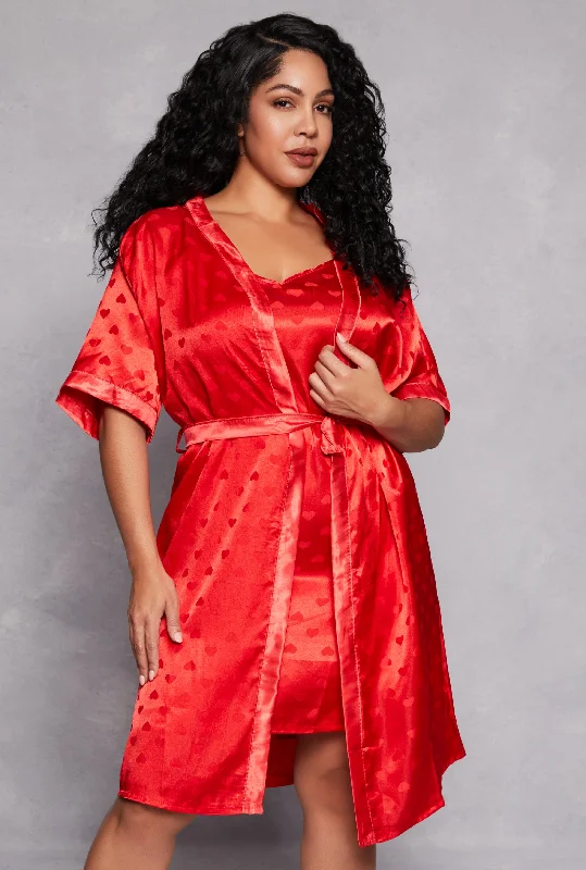 Weekend Savings Bonanza Plus Size Satin Heart Print Cami Nightgown with Robe