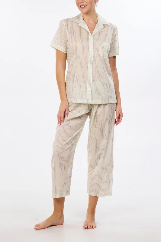 Fantastic Savings Short Sleeve Pajama Set with Cropped Pants - Green Abstract Stripe