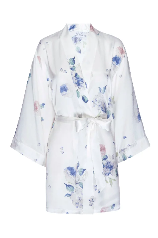 Celebrate the Weekend with Discounts Silk Charmeuse Short Silk Robe: Ivory Floral Print