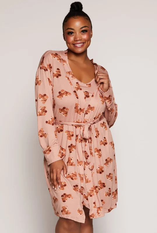 Low Price Plus Size Teddy Bear Print Cami Nightgown and Robe