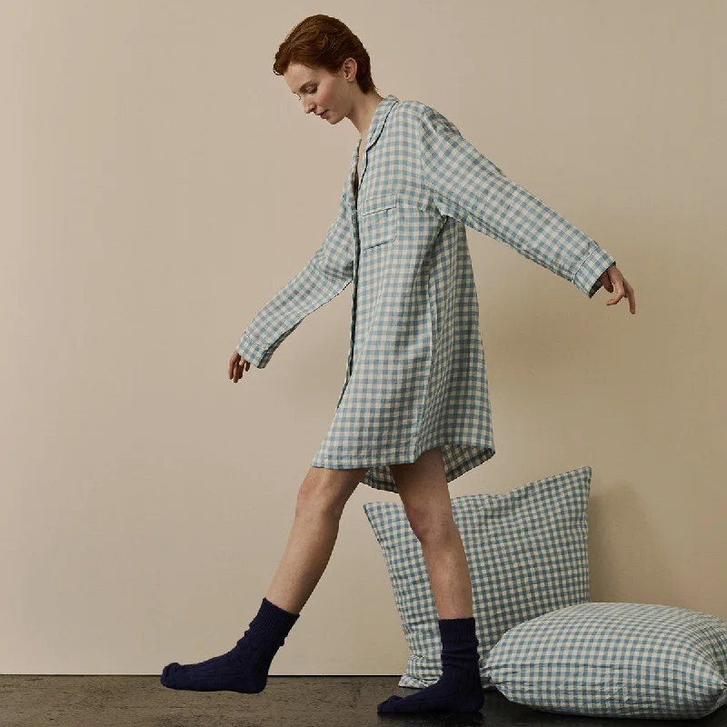 Weekend Deals That Thrill Warm Blue Gingham Linen Night Shirt