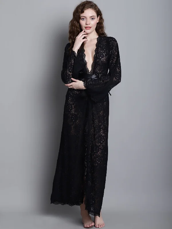 Weekend Deals to Make You Smile Fully Intricate Lacy Robe -  Black