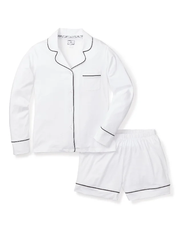 Hurry In Women's Pima Long Sleeve Short Set in White with Black Piping