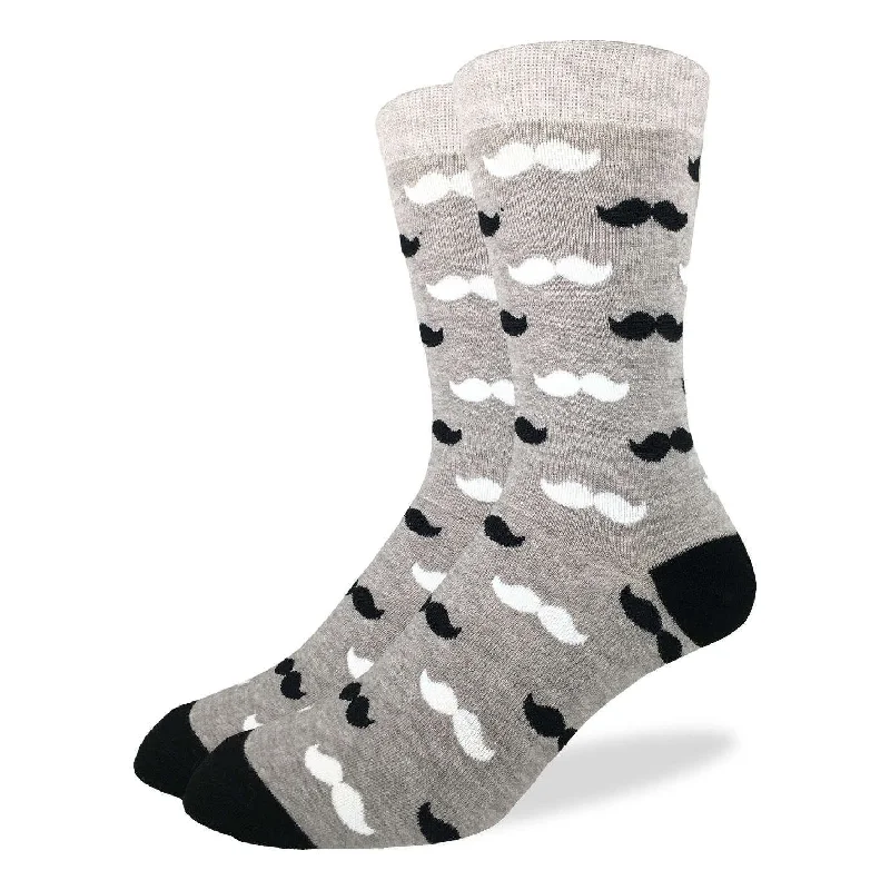 Weekend Specials to Celebrate "Black & Grey Moustache" Cotton Crew Socks by Good Luck Sock - Large
