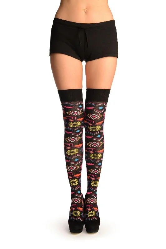 Weekend Savings Fiesta Black With Colourful Aztec Stencils Over The Knee Socks