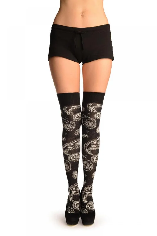 Weekend Offers That Shine Black With Woven White Paisleys Over The Knee Socks