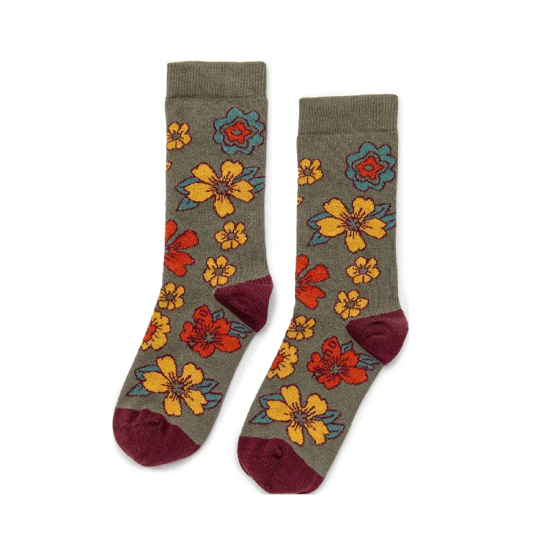 Steal Deal Boho Blossoms - Organic Cotton Crew Socks - Olivine