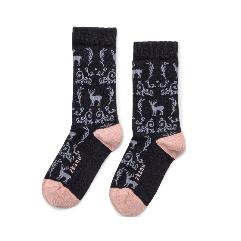 Big Savings Deer Toile - Organic Cotton Crew Socks - Black